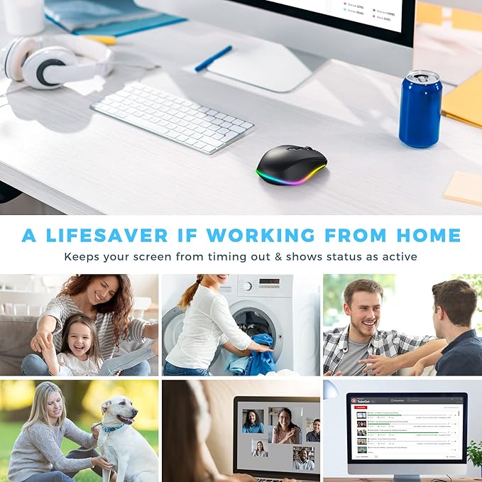 PEIOUS Wireless Mouse Jiggler - LED Wireless Mice with Build-in Jiggler Mover, Rechargeable Moving Mouse for Computer with Undetectable Random Movement Keeps PC Laptop Awake - Black