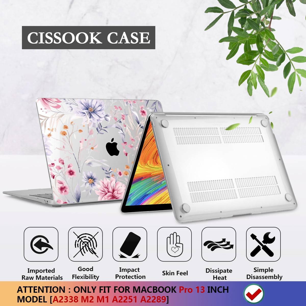 CISSOOK Flower Case for MacBook Pro 13 Inch M2 A2338 M1 A2251 A2289 Model 2025-2020 Released, Plastic Floral Cover with Keyboard Cover Protector for MacBook Pro 13 with Touch bar, Flowers Watercolor