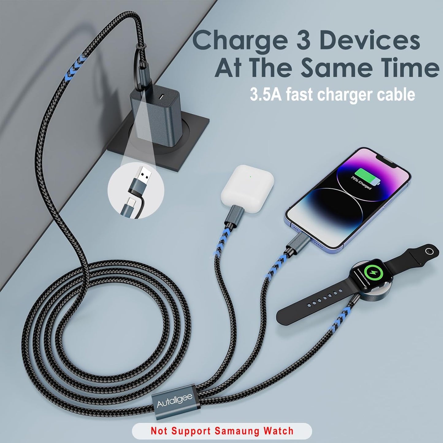 2Pack 4FT Upgraded 3 in 2 Multi Charging Cable for Apple Watch Charger Travel Essentials iWatch Charger Fast Charging Compatible with iWatch Ultra/SE/10/9/8/7/6/5/4/3/2/1,iPhone16/15/14/13/Galaxy S24