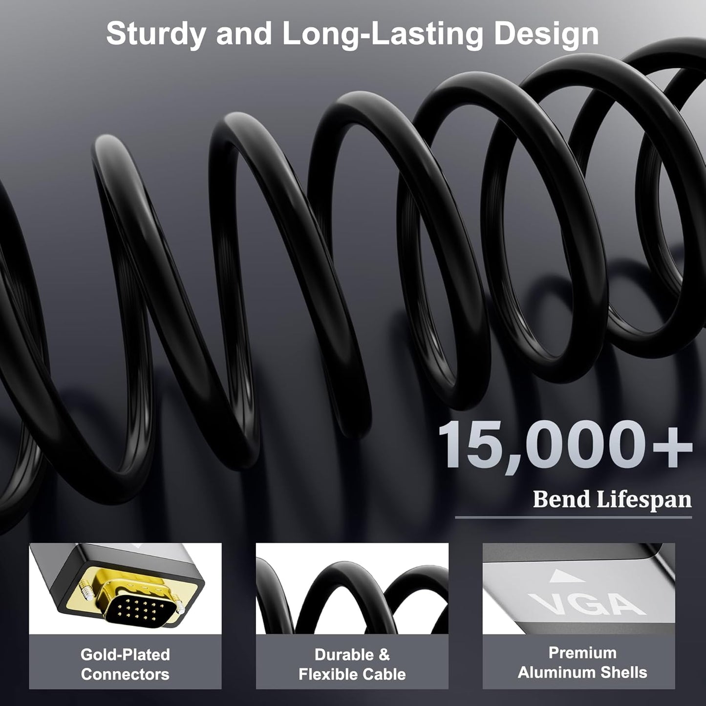 HDMI to VGA Cable 15 FT, Uni-Directional HDMI (Source) to VGA (Display) Cable, Black Male to Male Cord, Gold-plated Connectors, Aluminum Shells, for PC, Desktop, Laptop, Monitor, Projector, HDTV, Xbox