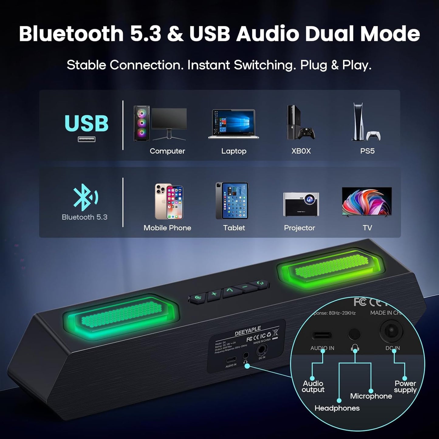 Deeyaple Computer Speakers, 40W Wireless Soundbar for Desktop PC with Bluetooth 5.3 & USB Audio, Dynamic RGB Lighting, Software Custom EQ, External Power Adapter Gaming Speakers, Laptop, Xbox Black