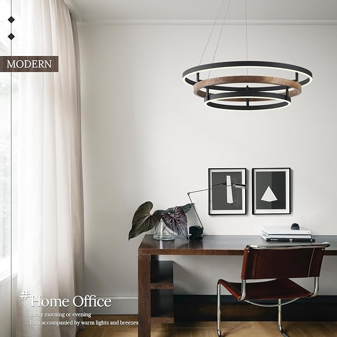 3 Ring LED Chandelier Black Round Chandelier Light Fixture Dimmable Farmhouse Foyer Chandeliers Light Wood-Printed Circular Chandeliers for Dining Room Entry Bedroom Office Living Room 24in