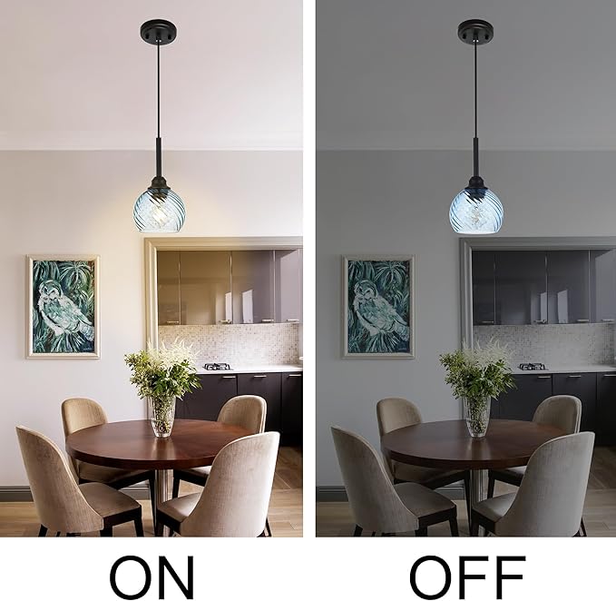 Kitchen Pendant Lighting Over Sink 1-Light Hanging Lights for Kitchen Blue Glass Pendant Lights with Striped Swirl Glass Shade, Suit for Dining Room Bar Hallway