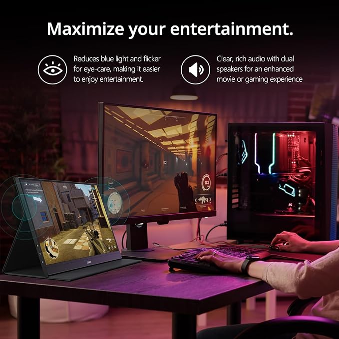 MNN Portable Monitor 15.6inch FHD 1080P USB C HDMI Gaming Ultra-Slim IPS Display w/Smart Cover & Speakers,HDR Plug&Play, External Monitor for Laptop PC Phone Mac (15.6'' 1080P)