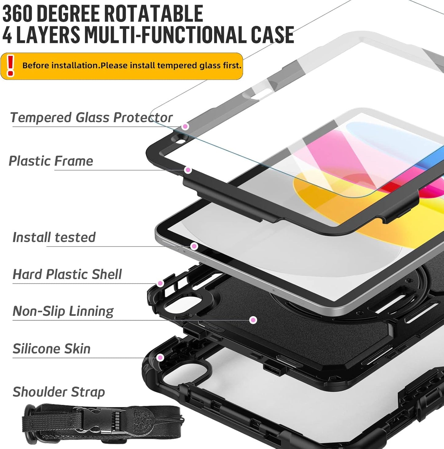 BLOSOMEET Case for iPad A16 11th/10th Generation 11''/10.9'' 2025/2022 with Tempered Glass Screen Protector & Pencil Holder, Rugged Military Grade Cover w/Stand Hand Shoulder Strap, Black
