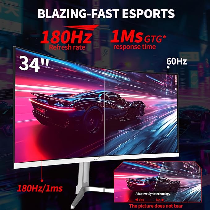 ZZA UltraWide 34 Inch Curved Monitor 1500R PC Screen 180hz Refresh Rate WQHD 3440x1440 Computer Gaming Monitor VA PanelAMD FreeSync Premium | HDR10 | 99% sRGB | VESA