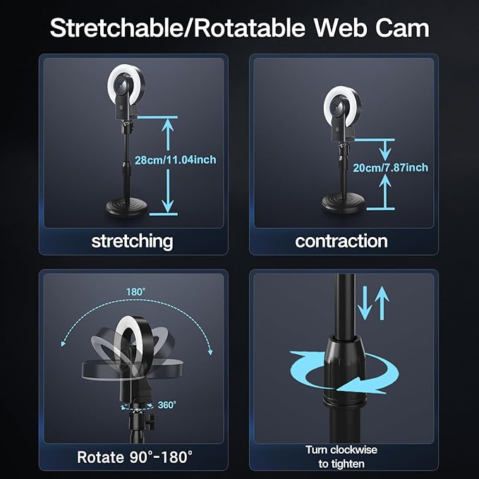 4K Webcam with Light, Web Cam with Speaker, Dual Noise Reduction Plug and Play, Web Camera for Desktop Computer, Auto-Focus, Privacy Protection, Webcam for PC Zoom Skype