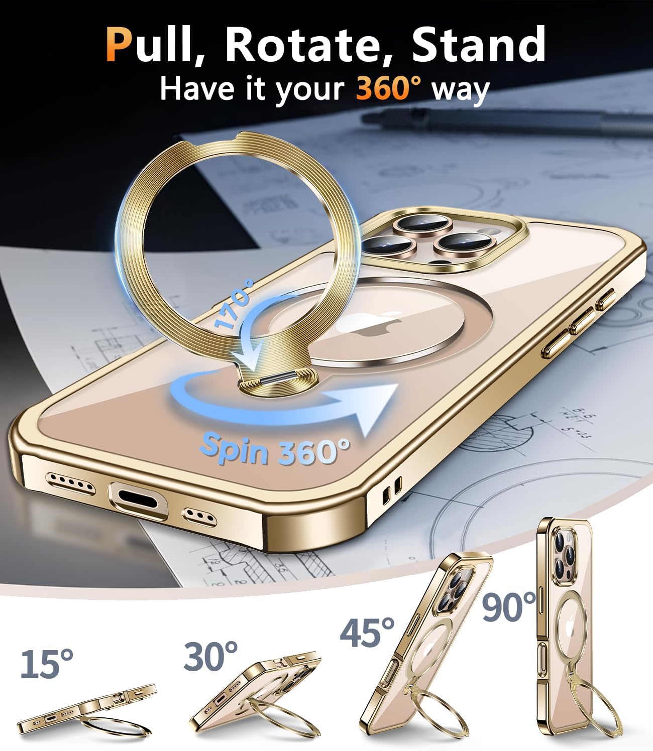 [360° Rotatable CD Stand & Built-in Privacy Screen Magnetic Case for iPhone 16 Pro [Compatible with MagSafe & Full Signal] Mil-Grade Shockproof Full Body Anti-Spy Cover for 16 Pro-Gold