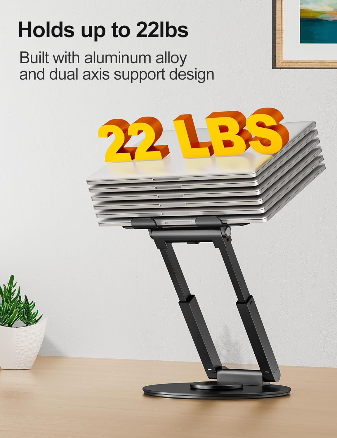 tounee Telescopic Laptop Stand for Desk with 360° Swivel Base, Sit to Stand, Height Adjustable, Portable Riser Holder for Good Posture, Compatible with MacBook Pro, All Laptops 10-17" - Black