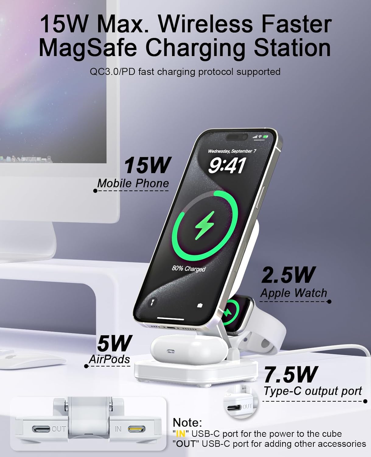 5-in-1 Magnetic Wireless Charging Stand for Apple MagSafe Charger with Night Light for iPhone 16/15/14/13/12, Watch, AirPods, Travel Magnetic Charger Nightstand Charging Station (Adapter Included)