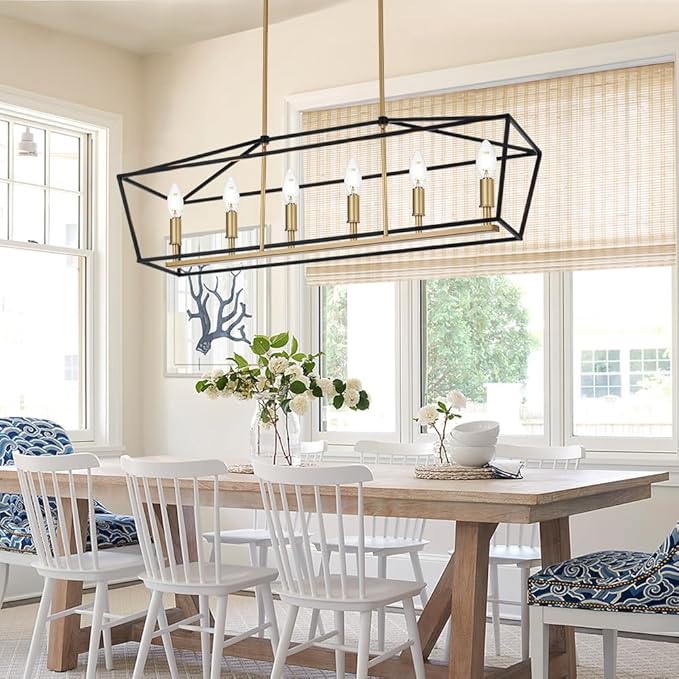 6-Lights Farmhouse Dining Room Chandelier, Rectangle Candle Pendant Lighting in Black Gold Finish, Kitchen Island Lighting for Living Room Restaurant