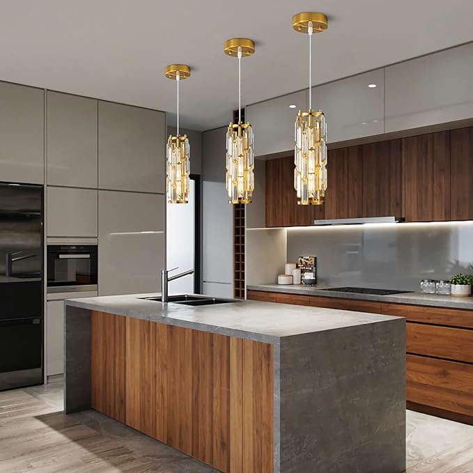 Pendant Lights Modern Gold Pendant Light Mini Crystal Chandelier Pendant Lighting for Kitchen Island Dinning Room Bedroom Kitchen Sink Lighting (Gold 2-Pack)