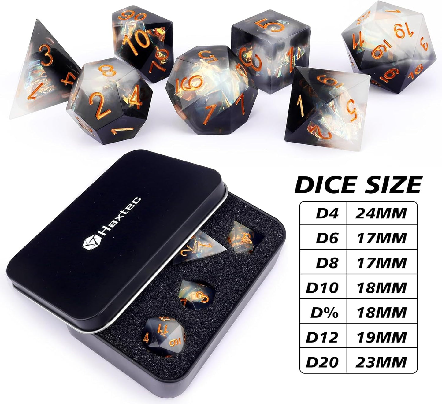 Haxtec Sharp Edge Dice Set DND Dice Black and White Resin Dice Iridecent Mylar Galaxy D&D Dice for RPG Role Playing Compatible with Dungeons and Dragons Gift