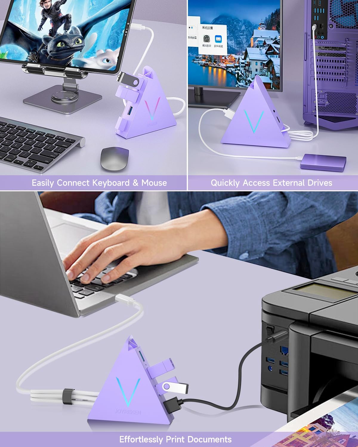 USB C Hub, USB Type C to 4-Port USB 3.0 Adapter for MacBook, Surface, Laptop, Flash Drive, Mouse, Keyboard, HDD (2ft, Light Purple)