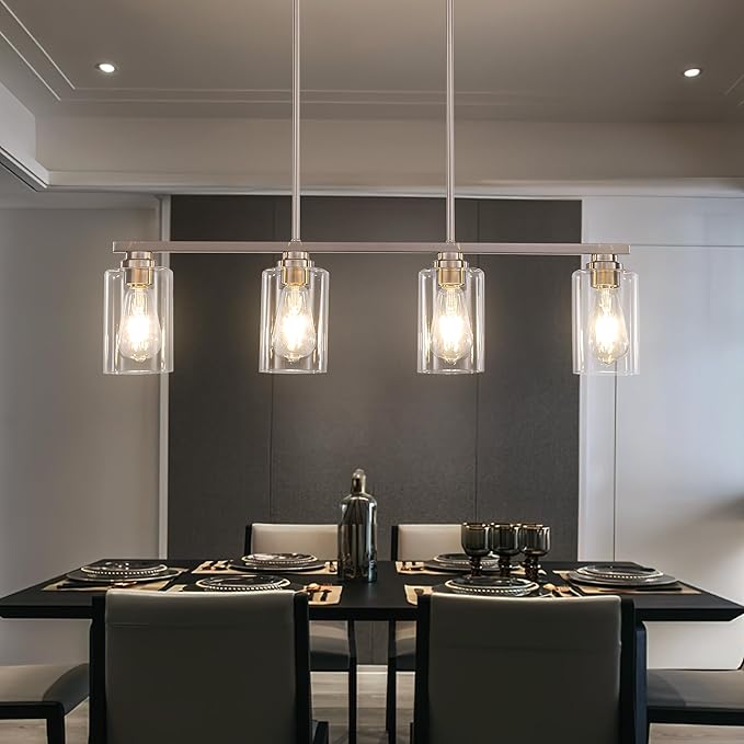 Island Light for Kitchen, Brushed Nickel Dining Room Light Fixture Over Table, 4-Light Linear Chandelier Pendant Lighting for Dining Table Kitchen Island Living Room