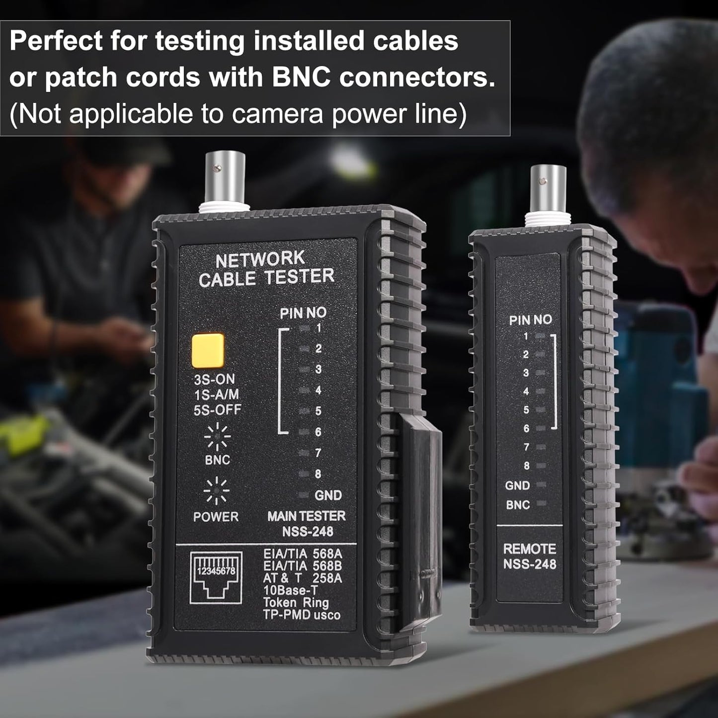Dual-Function Coaxial & RJ45 Network Cable Tester with 2-Pack BNC Male to F Female Adapters, CAT5/CAT6/Coax Continuity Checker (Battery Not Included)