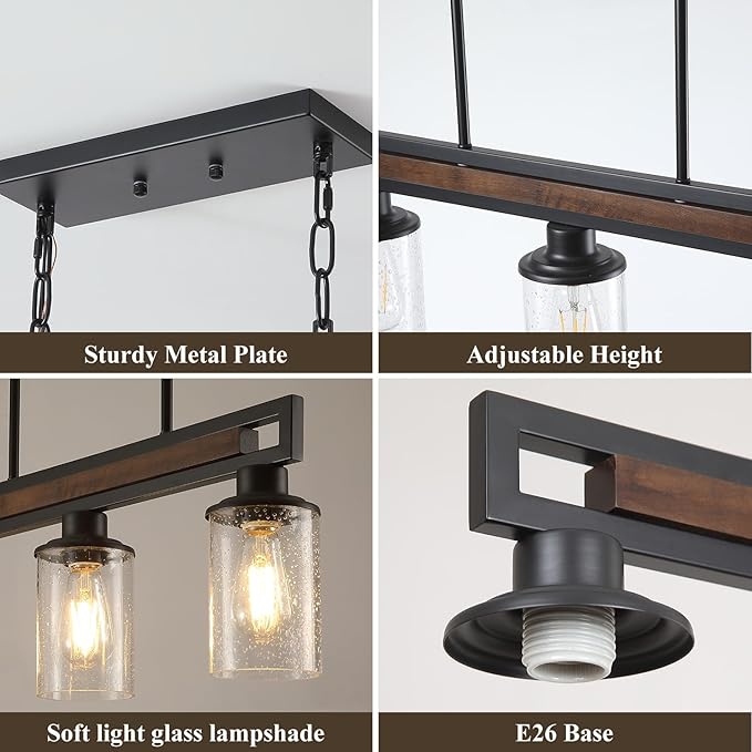 Farmhouse Dining Room Light Fixture, 3-Light Wood Kitchen Island Lighting for Dining Room Over Table, Black Adjustable Pendant Light with Seeded Glass Shades, Linear Chandeliers Lighting for Kitchen