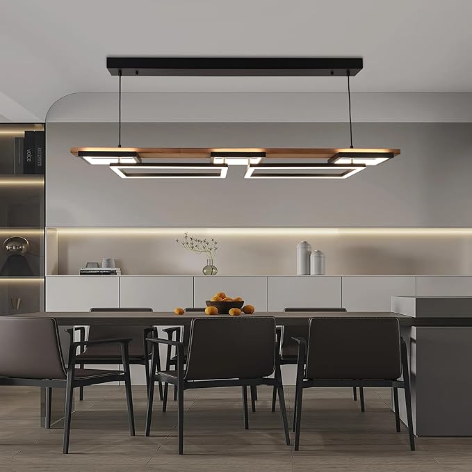 Vintage Wood LED Kitchen Island Light, 65W Stepless CCT Adjustable & Dimmable 47'' 2-Layer Wood Pendant Light Fixture with Remote, Ceiling Mounted Hanging Lamp for Dining Room, Bedroom，Black