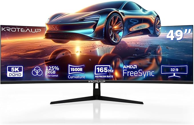 49 Inch Curved Ultrawide Gaming Monitor 5K, DFHD(5210x1440P), 165Hz, HDR10 1500R, 32:9, AMD FreeSync, 125% sRGB, Computer Monitor, Built-in Speakers, HDMI/DP VESA100*100mm Black