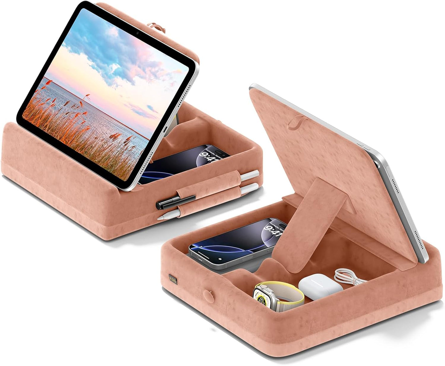 KDD Tablet Pillow Stand with Storage, Foldable iPad Holder for Bed, Lap and Desk, Angle Adjustable Soft Pad Dock with Stylus Mount Compatible with iPad Pro 12.9, 10.5, 11, Air, Mini, Phones, Books