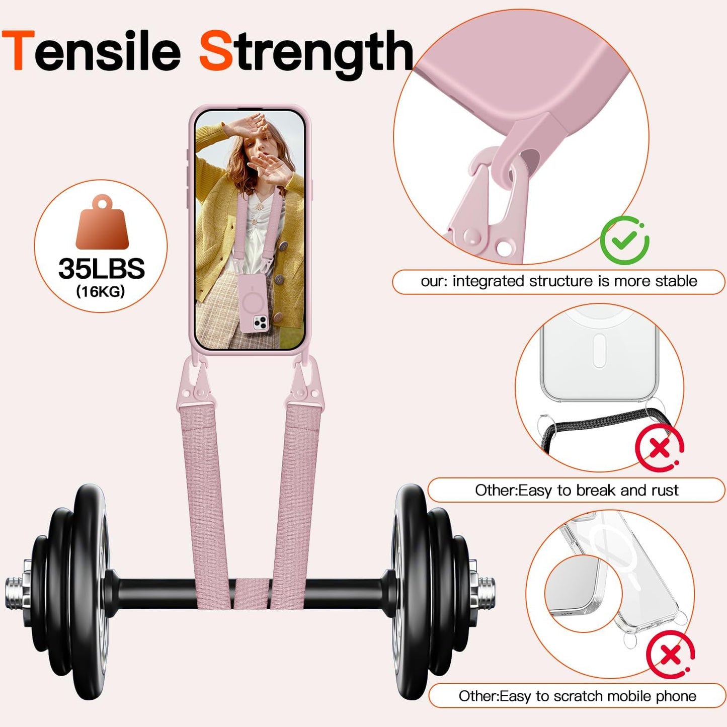 for iPhone 15 Case with Lanyard [Compatible with MagSafe], Crossbody Phone Case with Neck Strap Adjustable, Magnetic Phone Cover for iPhone 15 6.1'' Pink