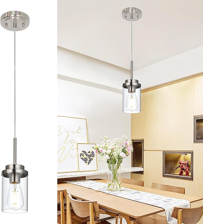 MELUCEE 1-Light Small Glass Pendant Lights Brushed Nickel, Adjustable Hanging Lamp Ceiling for Dining Room Kitchen Island, Mini Chandelier with Clear Glass Shade