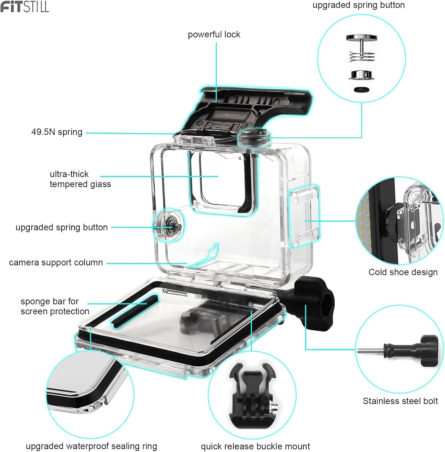 FitStill 196FT/60M Underwater Waterproof Diving Housing Compatible for Go Pro Hero 4K,Protective Dive Case Shell with Mount Hero4K 2024 Action Camera Accessories Kit