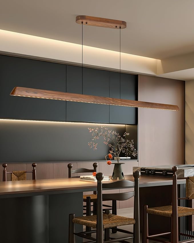 70" Wood Linear Pendant Light, Dimmable Kitchen Island Lighting with Remote, 30W LED Island Lights for Kitchen, Adjustable Linear Chandelier for Dinning Room Light Fixture, Bar, Pool Table - Walnut