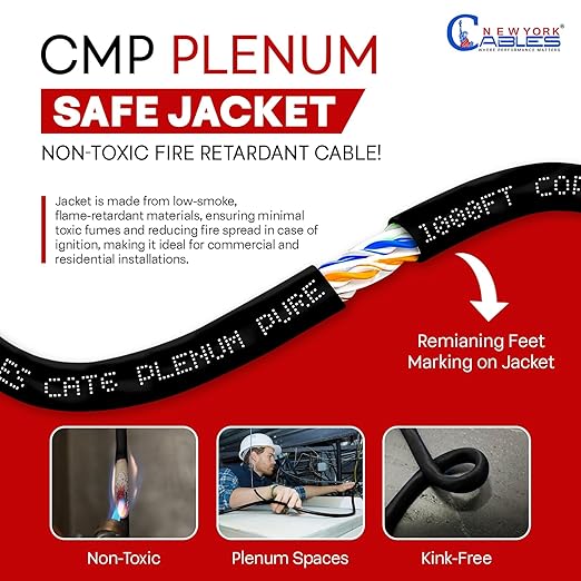 NewYork Cables CAT6 Plenum Cable 1000ft | 100% Pure Copper, UTP, 550MHz, 23AWG, 4Pair 10GB Ethernet Cable, Certified CMP-Rated Bulk Cat 6 for Networking & Gaming (1000ft, Pure Copper,Black)