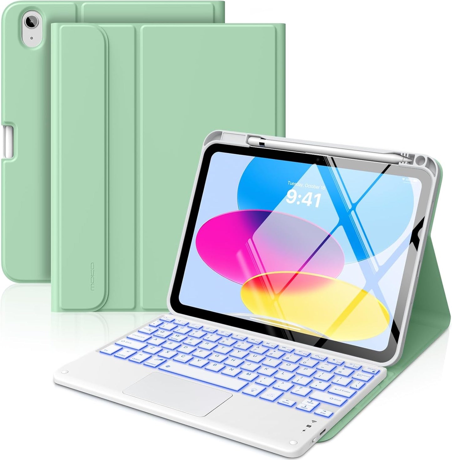 MoKo Touch Keyboard Case for iPad (A16) 11th Generation 11 inch 2025, iPad 10th Generation 10.9 inch Case with Pencil Holder, 7 Colors Backlit Multi-TrackPad Detachable Bluetooth Keyboard, Green