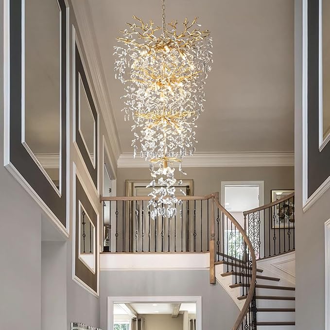 YUYI 47'' Long Crystal Chandelier for High Ceiling, 25-Light Modern Gold Tree Branch Chandelier, Large Chandeliers for Staircase Foyer Entryway Living Room, 4-Tier Luxury K9 Raindrop Light Fixture