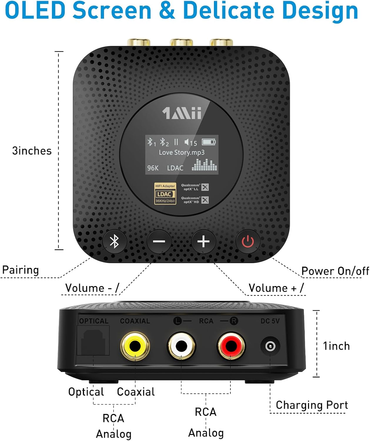 1Mii B06HD+ Hi-Res Bluetooth 5.1 Music Receiver for Home Stereo w/LDAC, Hi-Fi Bluetooth Adapter w/Audiophile DAC aptX HD Volume Control OLED Display, Wireless Audio Adapter for AV Receiver/Amplifier