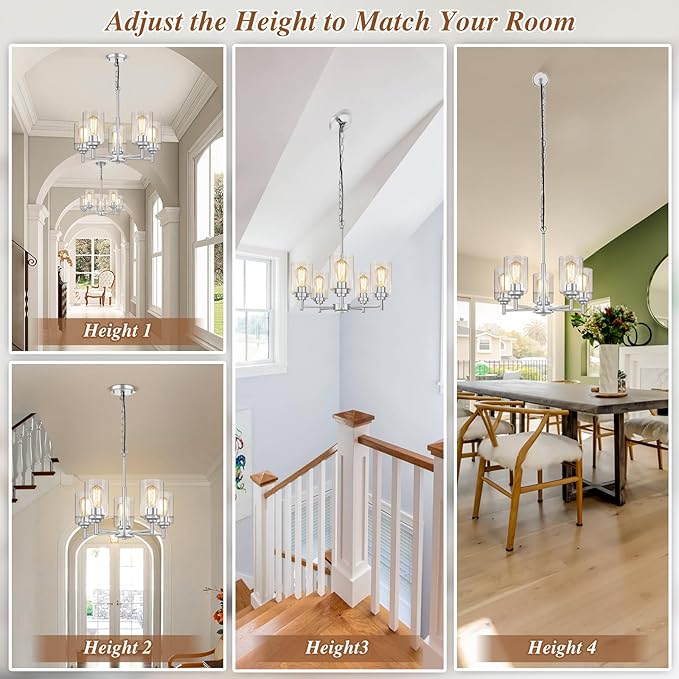 19.8'' 5-Light Chandelier for Dining Room Kitchen Island, Modern Farmhouse Pendant Lighting with Glass Shades Industrial Brushed Nicke Hanging Ceiling Light Fixture for Living Room, Height Adjustable