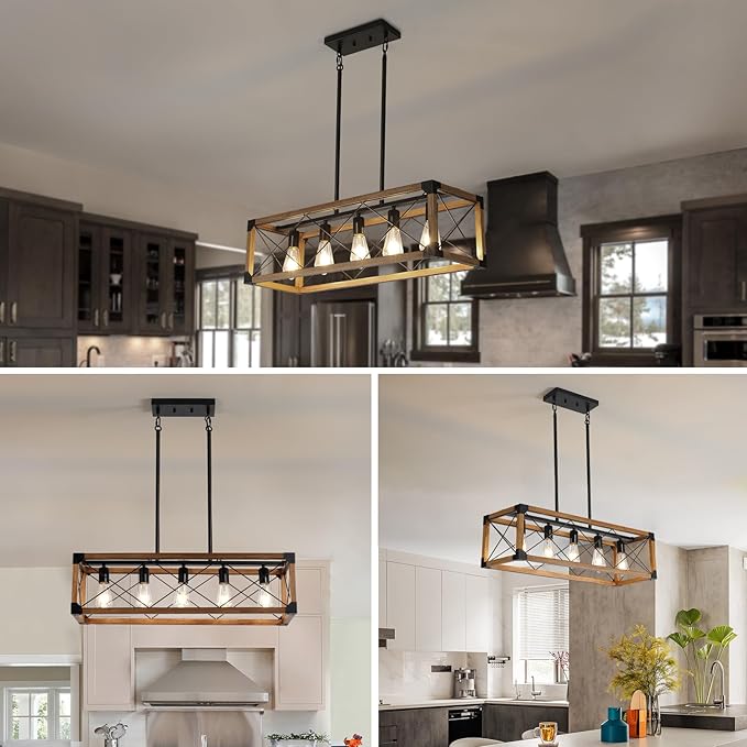 Dining Room Light Fixture, Farmhouse Chandelier, Kitchen Island Lighting, Rustic 5 Light Pendant Chandeliers, Country Wood Island Lights