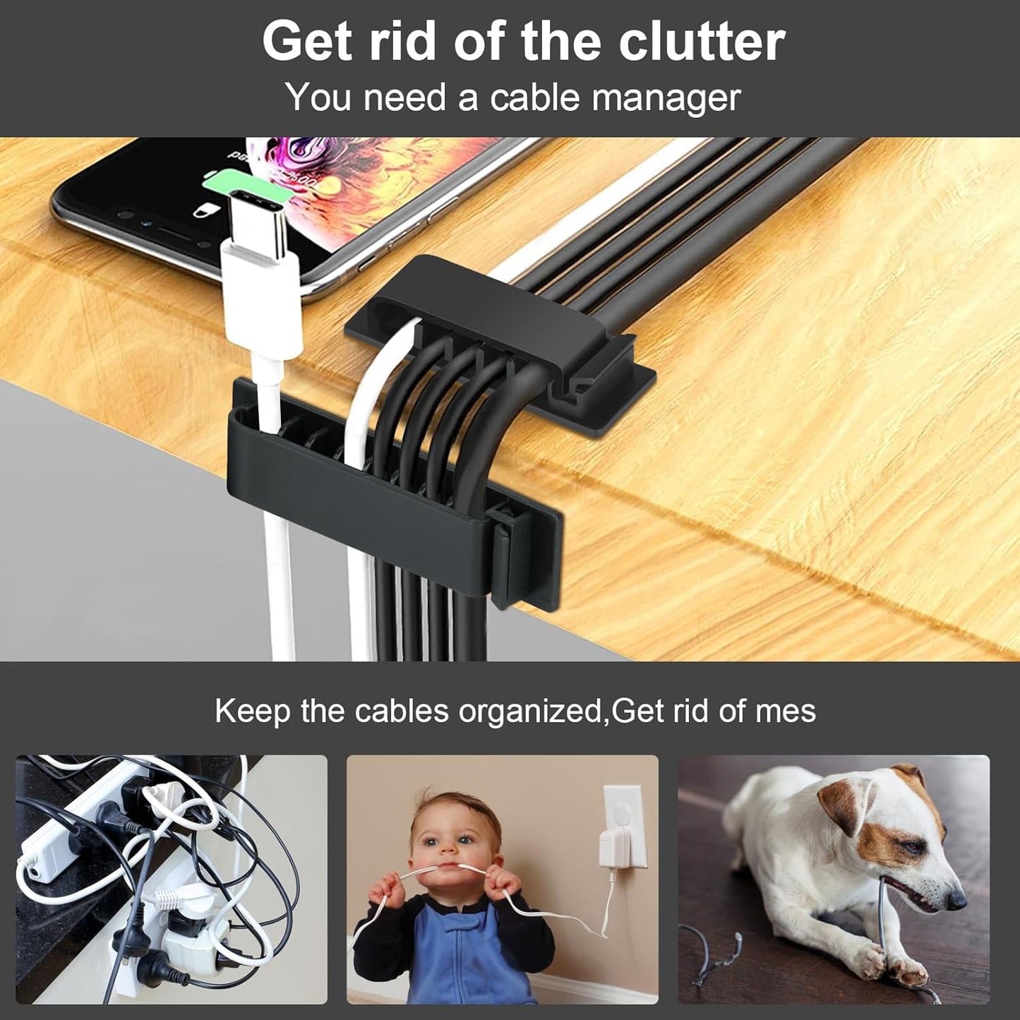 Cable Management Clips, 20Pcs Cord Organizers Wire Clips Cord Holder for TV PC Ethernet Cable Desk Home Office (Black)