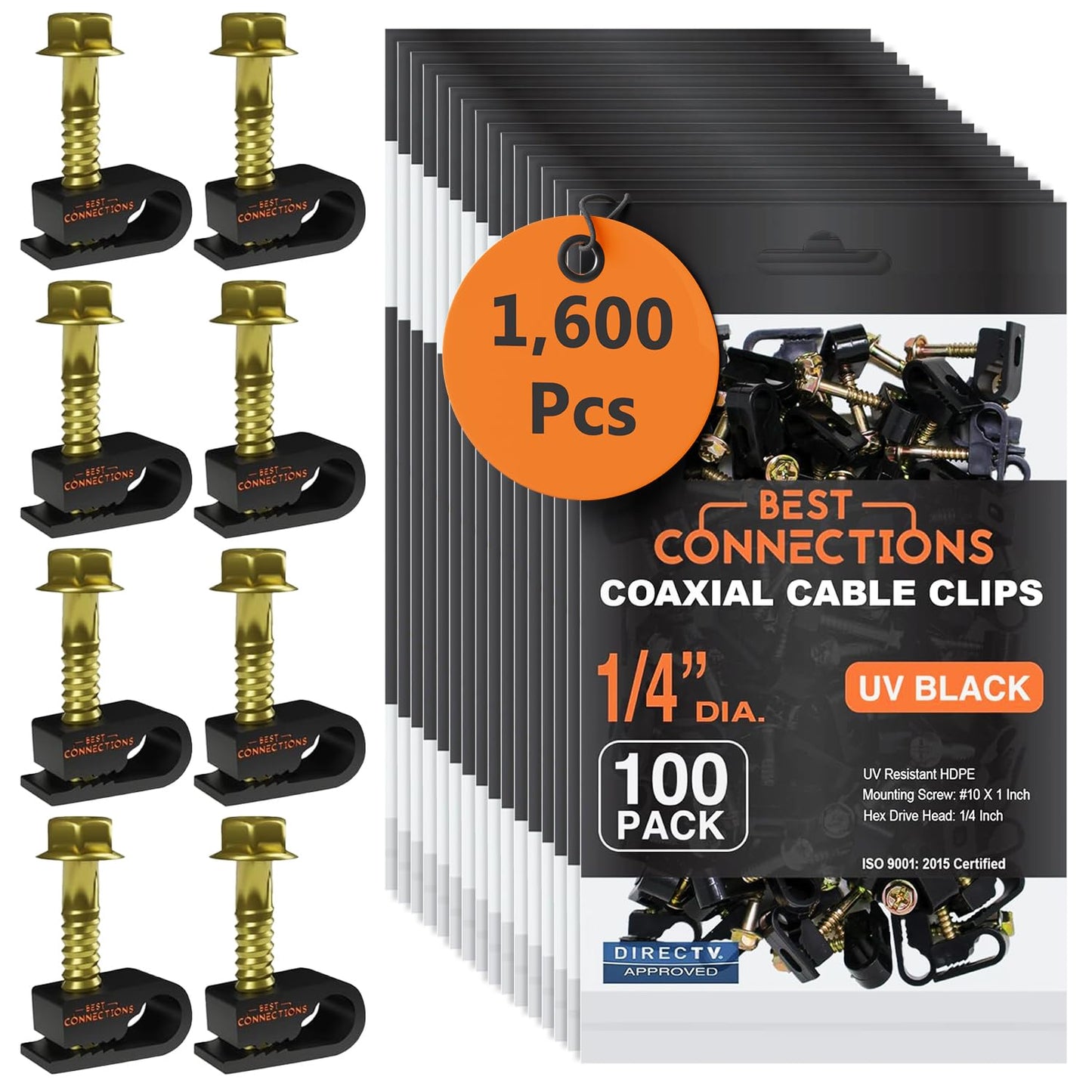 BEST CONNECTIONS Coaxial Cable Clips with Pre-Inserted Screw (1,600 Pack) – Black Single Cable Mounting Clamps for Coax Cable (RG6, RG59) and Ethernet Cable – Cord Fastener/Strain Relief Clip