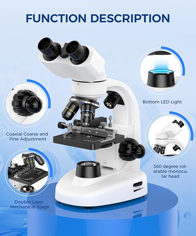 Compound Binocular Microscope for Adults, Professionals & Kids, 40X-2000X Magnification with LED Illumination, Mechanical Stage, WF2x & WF25x Eyepieces，Compatible for Lab, School, Home Education