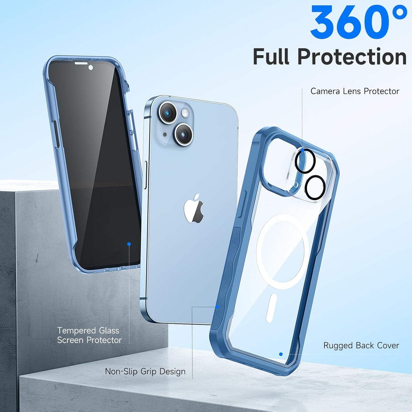 seacosmo for iPhone 14 Case, Full Body Bumper with Built-in 9H Tempered Glass Privacy Screen and Camera Lens Protector, Compatible with MagSafe, Shockproof 14 Phone Case, 6.1", Blue