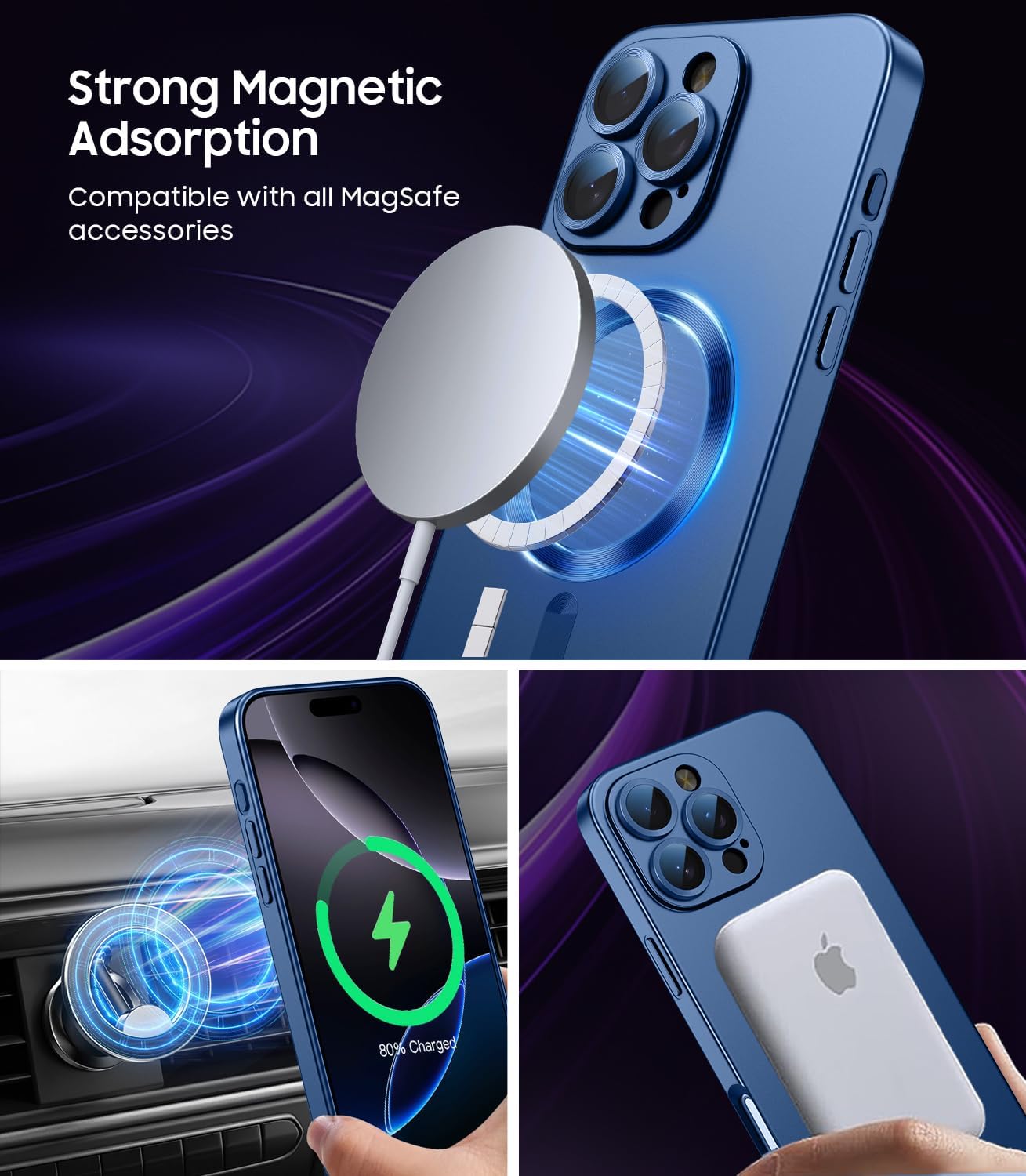 Magnetic for iPhone 16 Pro Case [Compatible with MagSafe][Built-in Camera Lens Protector] Slim Soft Silicone Bumper Shockproof Metallic Luster Phone Case (Blue)