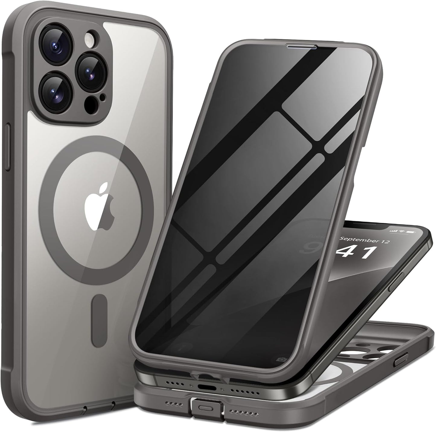 BERFY Magnetic for iPhone 13 Pro Max Case, Compatible with MagSafe, Built-in Privacy Screen Protector and Upgraded Camera Protection, Anti-Spy Full Body Shockproof Phone Case for 13 Pro Max 6.7", Grey