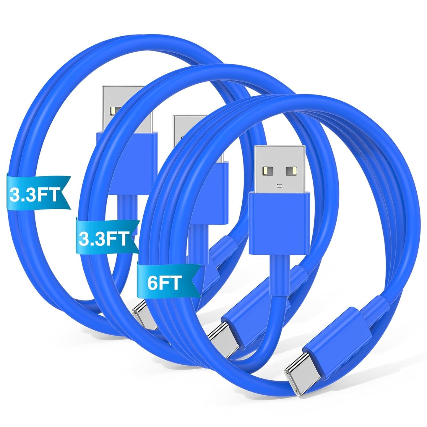 3-Pack Blue [3.3FT+3.3FT+6FT] USB A to USB C Cable, Compatible with iPhone 15/16, iPad, Samsung, MacBook, PS5 and More, Fast Charging, Carplay Cable