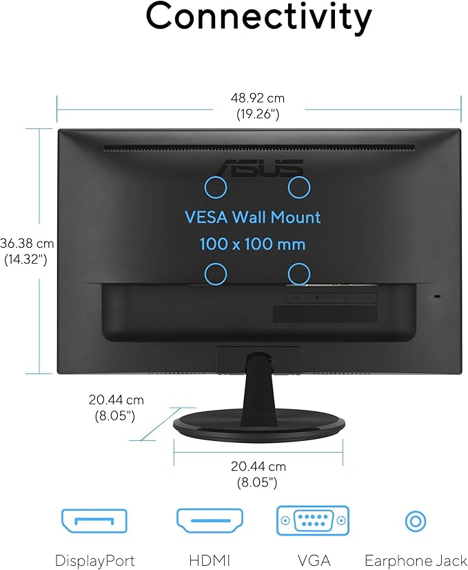 ASUS 22” Eye Care Monitor (VP229QF) – 100Hz, IPS, Full HD, 99% sRGB, Frameless, Adaptive-Sync, DisplayPort, HDMI, Low Blue Light, Flicker Free, Wall Mountable, 3 yr Warranty