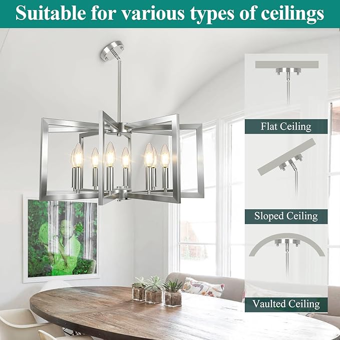 8-Light Brushed Nickel Chandelier, Farmhouse Dining Room Light Fixture, Modern Chandelier, Geometric Industrial Metal Hang Lighting Fixture for Foyer Entryway Kitchen Over Table Hallway Living Room