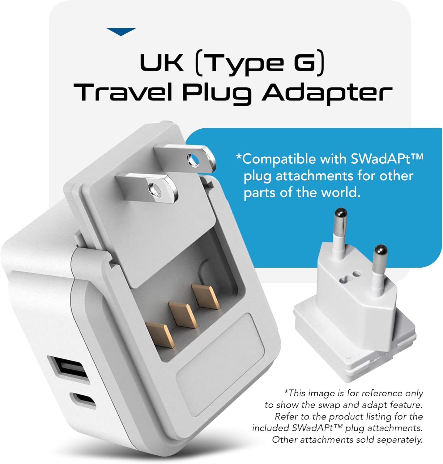 Ceptics UK, Ireland Power Adapter Travel, Safe Dual USB & USB-C 3.1A - 2 USA Socket - Compact & Powerful - Use in Hong Kong, England, Dubai, Saudi Arabia - Includes Type G Swadapt Attachments