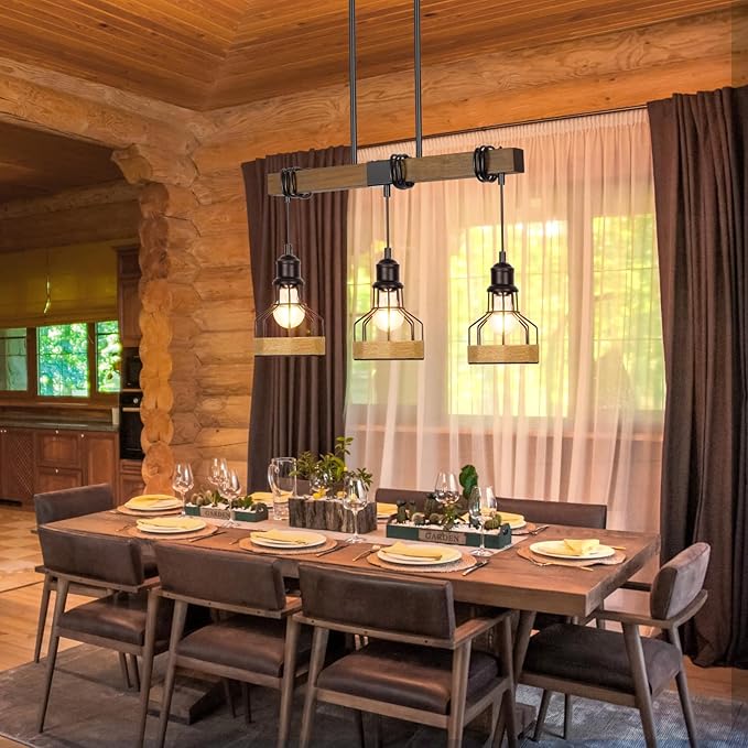 3-Light Dining Room Light Fixture Over Table Chandelier Rustic, Solid Wood Kitchen Island Lighting Fixture Ceiling Linear Dining Ceiling Mount Lamp Modern Metal Lampshade Dining Pendant Light