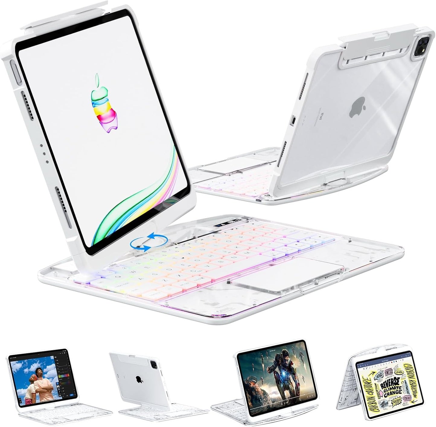 KARTICE Transparent 360 Keyboard Case with Wireless Keyboard for iPad Pro 13 2024 13 inch, Multi-Touch Trackpad, 7 Color Backlight, 360° Rotating Stand with Pencil Holder for iPad Pro 13