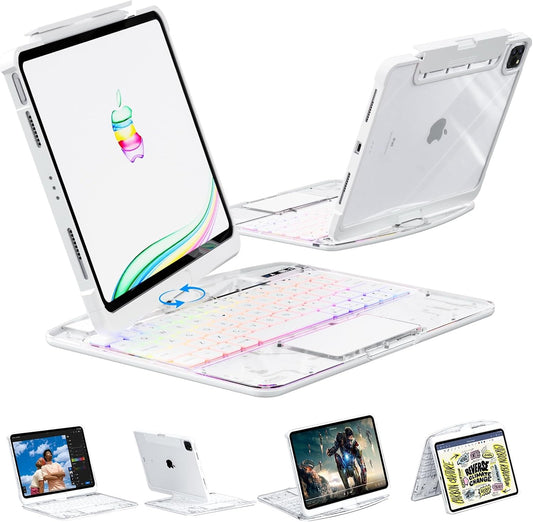 KARTICE Transparent 360 Keyboard Case with Wireless Keyboard for iPad Pro 13 2024 13 inch, Multi-Touch Trackpad, 7 Color Backlight, 360° Rotating Stand with Pencil Holder for iPad Pro 13