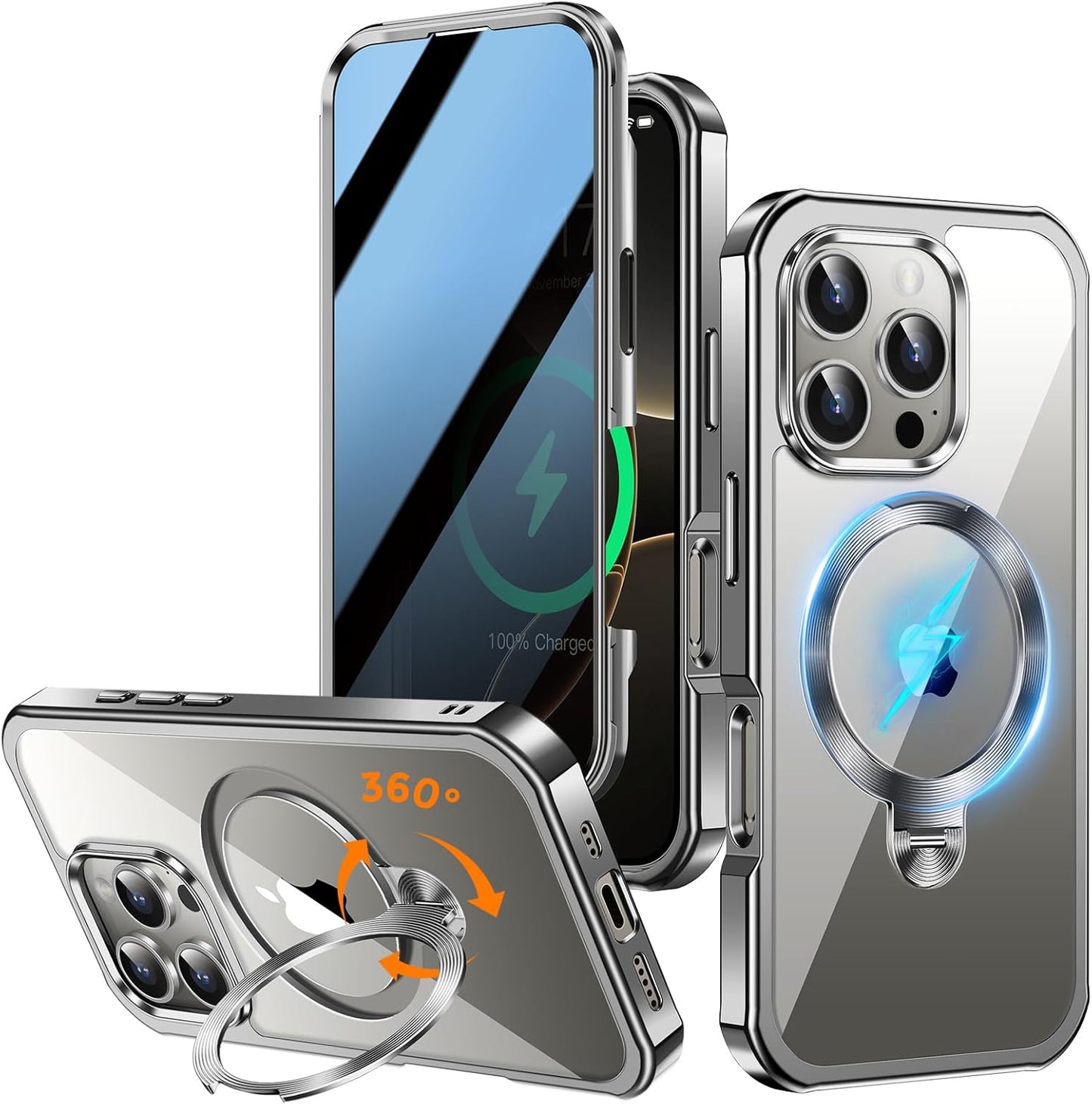 [360° Rotatable CD Stand & Built-in Privacy Screen] Magnetic Case for iPhone 16 Pro Max[Compatible with MagSafe&Full Signal]Mil-Grade Shockproof Full body Anti-Spy Cover for 16 Pro Max-Gray