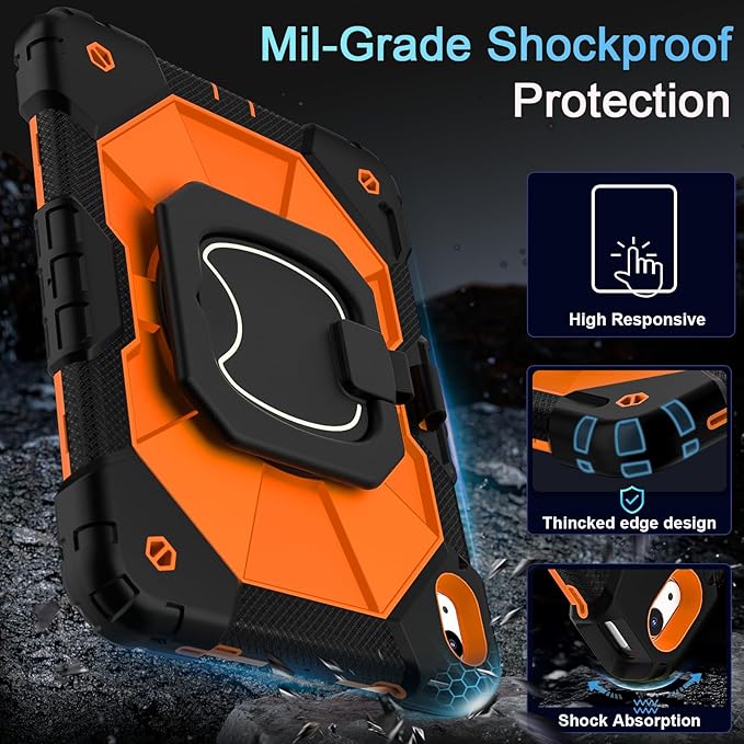 Case for iPad (A16) 11th Generation 11 Inch (2025) /iPad 10th Generation 10.9 Inch (2022) with Screen Protector/Rotating Stand,Military Grade Shockproof i Pad Case 10th Generation,Orange
