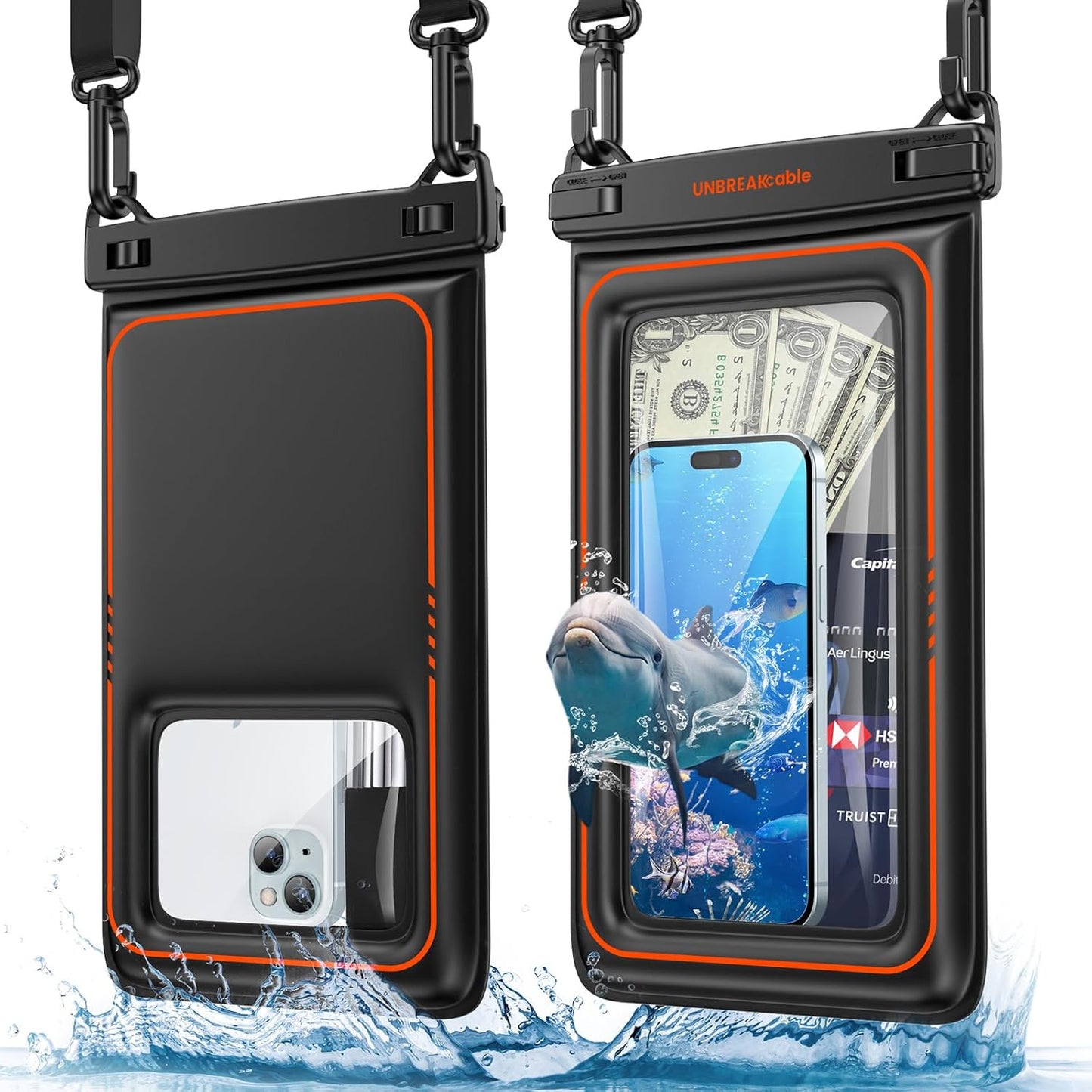 UNBREAKcable [UP to 9.5" Extra Large Waterproof Phone Pouch Floating [Sponge Cushion] IPX8 Phone Case Dry Bag for iPhone 16 15 14 Pro Max Samsung S25, Travel Kayaking Beach Essentials - 2 Pack Black